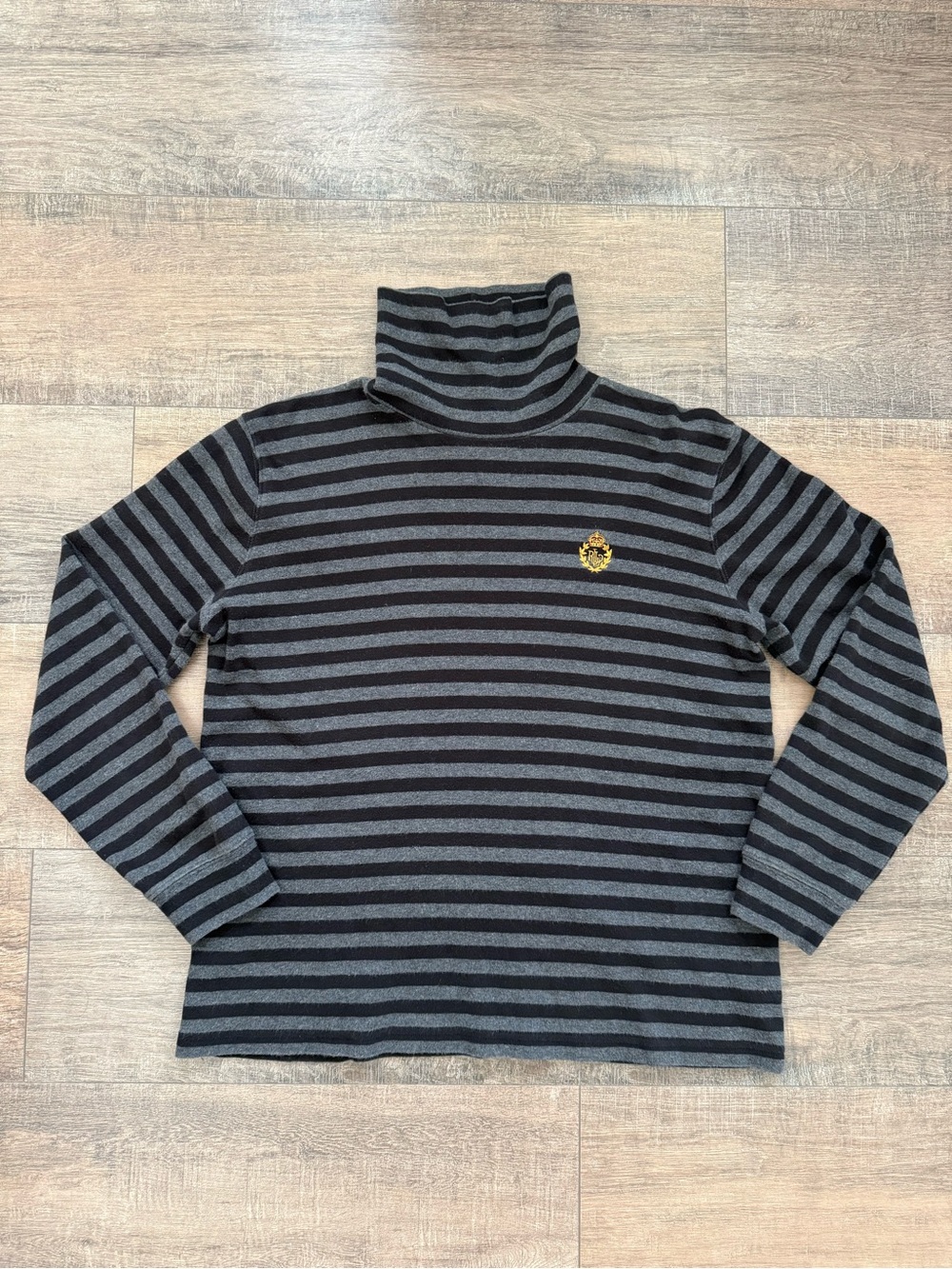 Ralph Lauren Grey Black Striped Crest Turtleneck Top Large